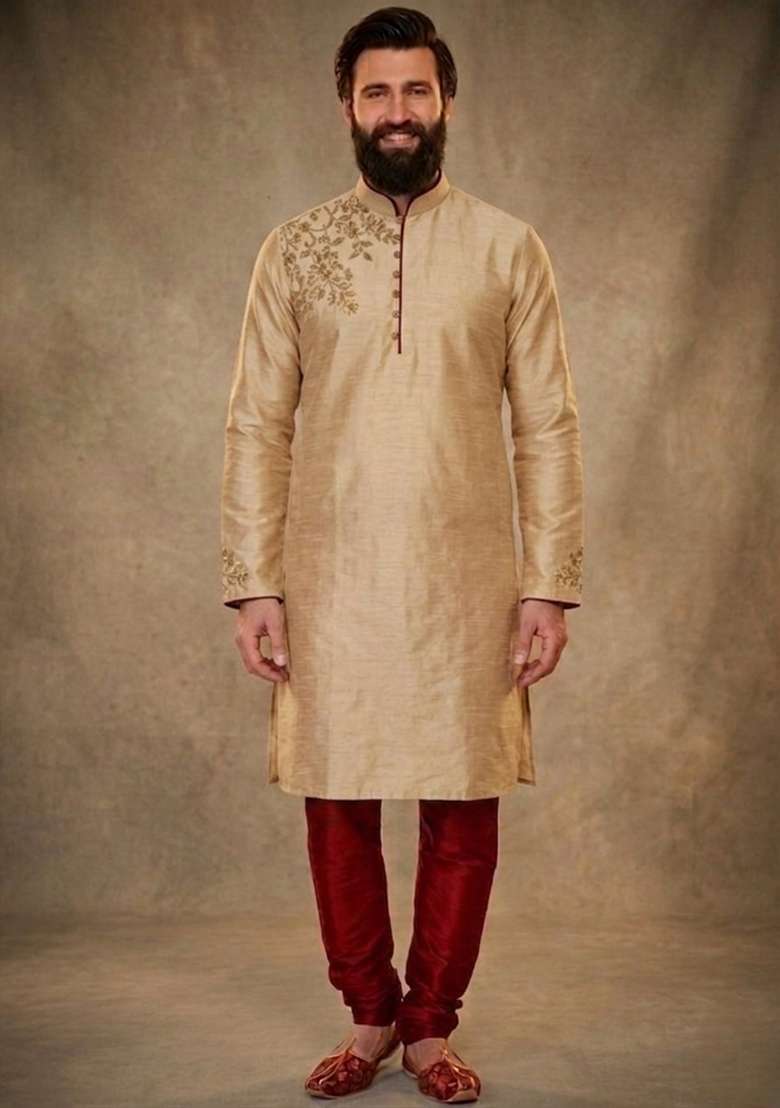 Beige Embroidered Dupion Kurta Pyjama Set For Men - Indya