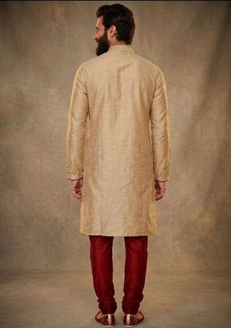 Beige Embroidered Dupion Kurta Pyjama Set For Men - Indya