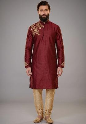 Maroon Embroidered Dupion Kurta Pyjama Set For Men