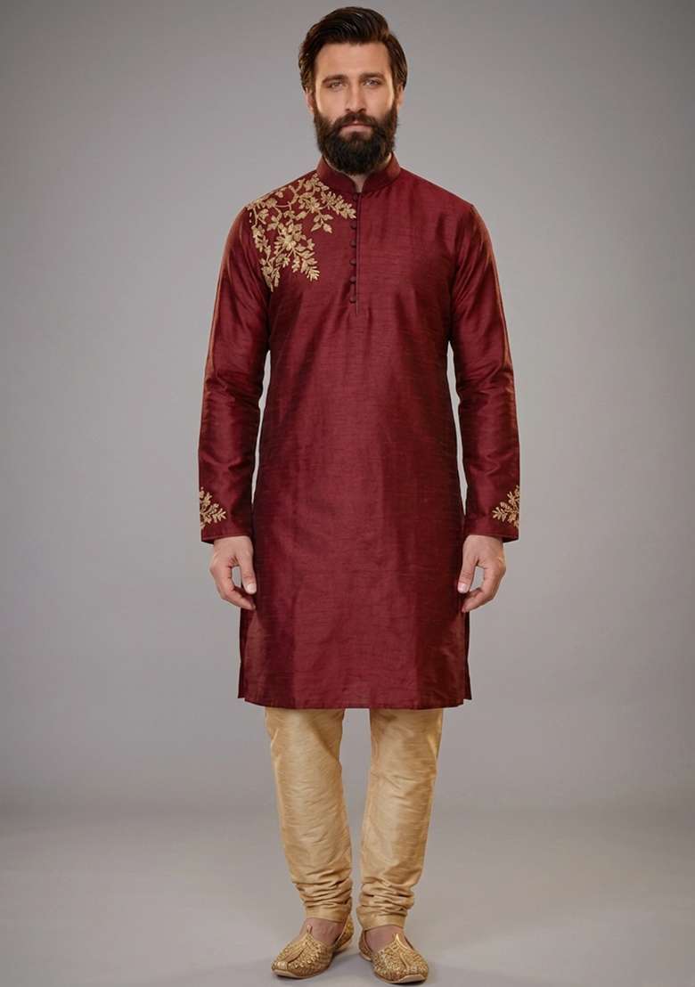 Maroon Embroidered Dupion Kurta Pyjama Set For Men - Indya