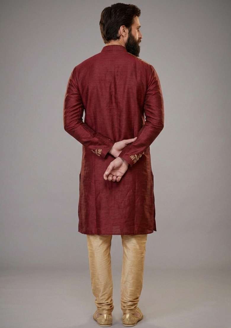 Maroon Embroidered Dupion Kurta Pyjama Set For Men - Indya