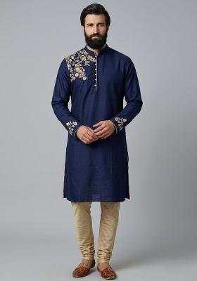 Blue Embroidered Dupion Kurta Pyjama Set For Men