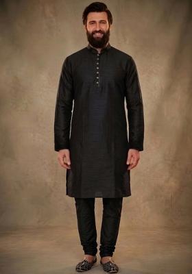 Black Plain Dupion Kurta Pyjama Set For Men