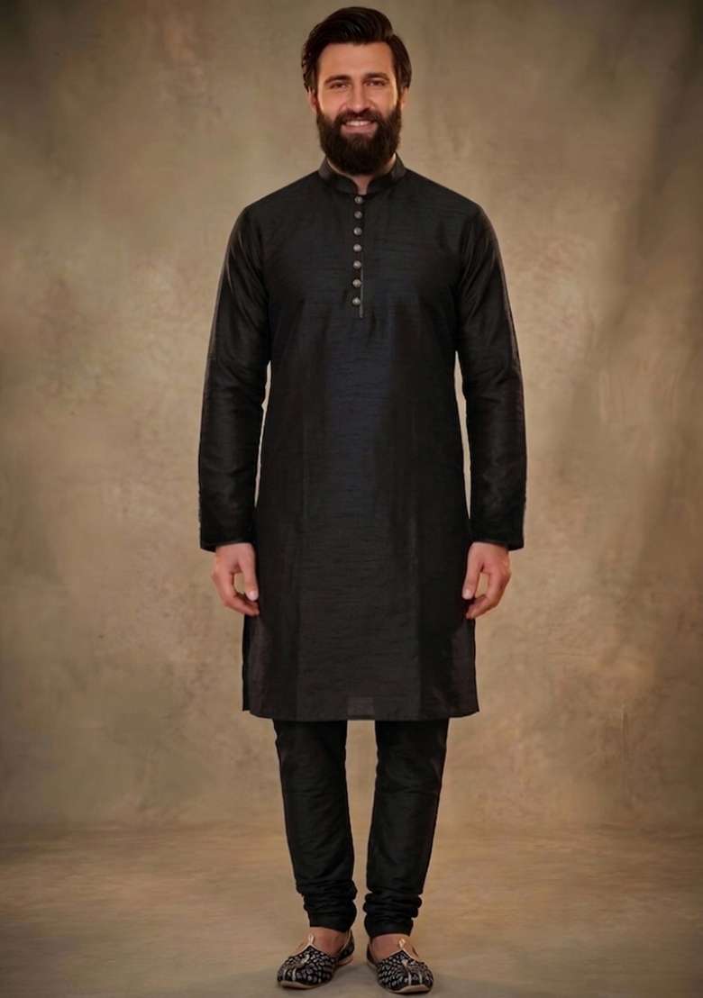 Black Plain Dupion Kurta Pyjama Set For Men - Indya