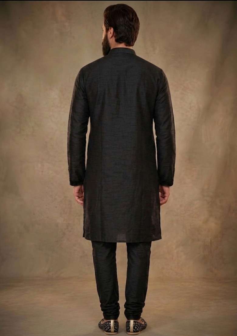 Black Plain Dupion Kurta Pyjama Set For Men - Indya