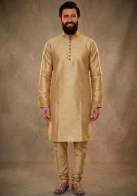 Beige Plain Dupion Kurta Pyjama Set For Men