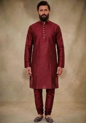 Maroon Plain Dupion Kurta Pyjama Set For Men