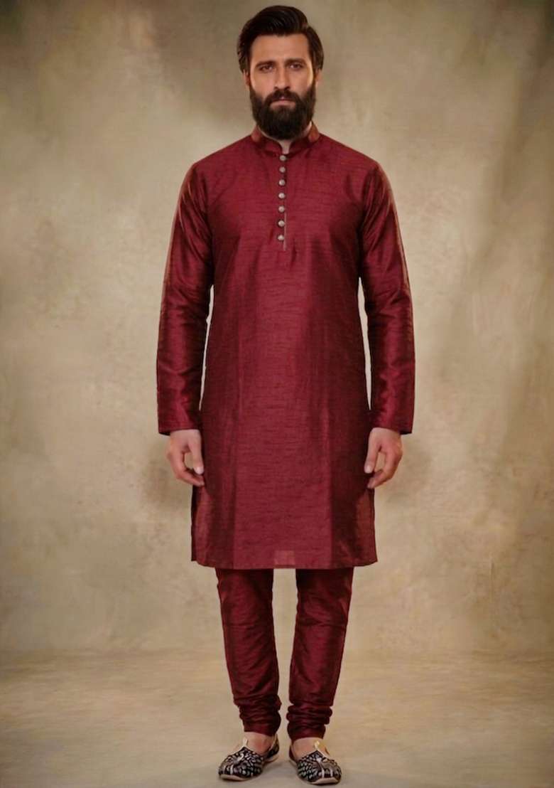 Maroon Plain Dupion Kurta Pyjama Set For Men - Indya
