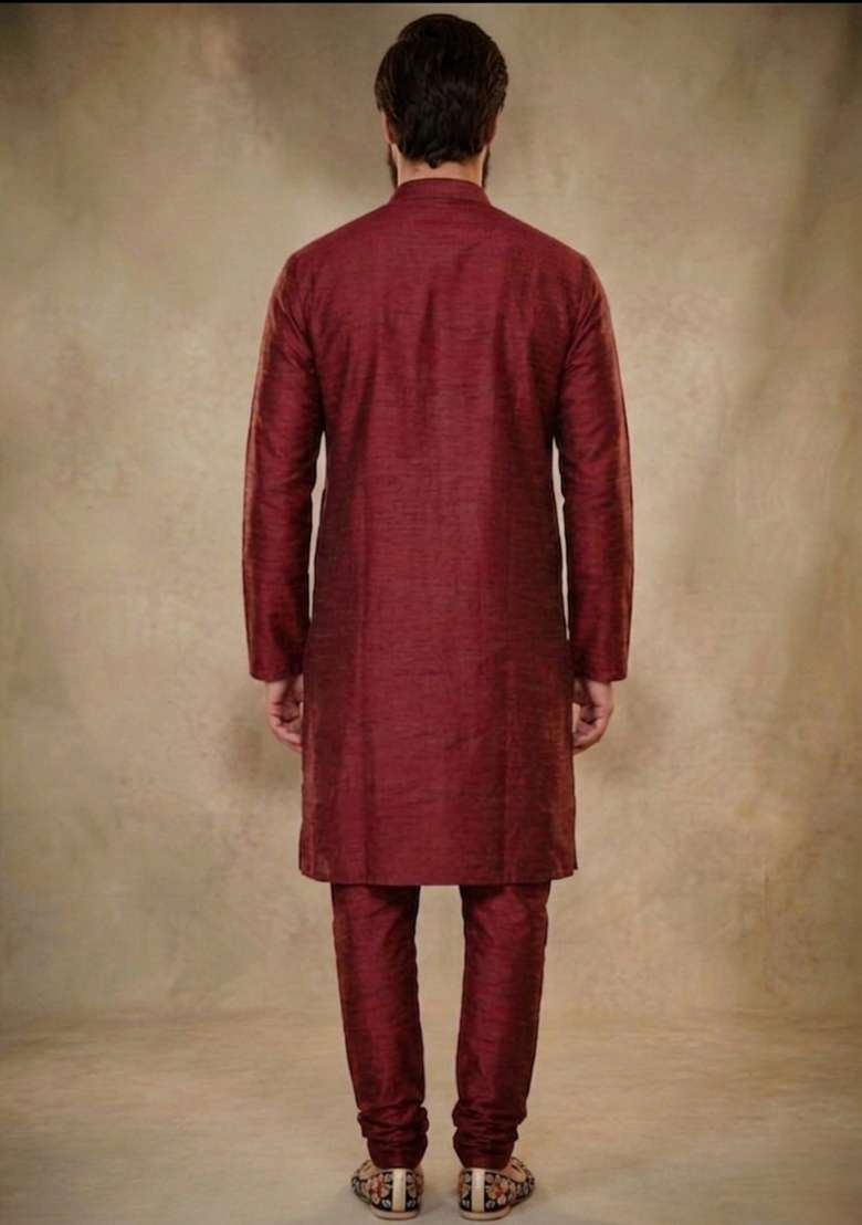 Maroon Plain Dupion Kurta Pyjama Set For Men - Indya