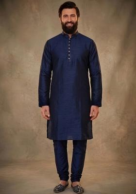 Blue Plain Dupion Kurta Pyjama Set For Men