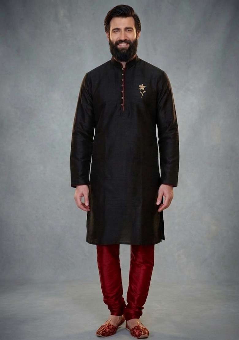 Black Embroidered Dupion Kurta Pyjama Set For Men - Indya