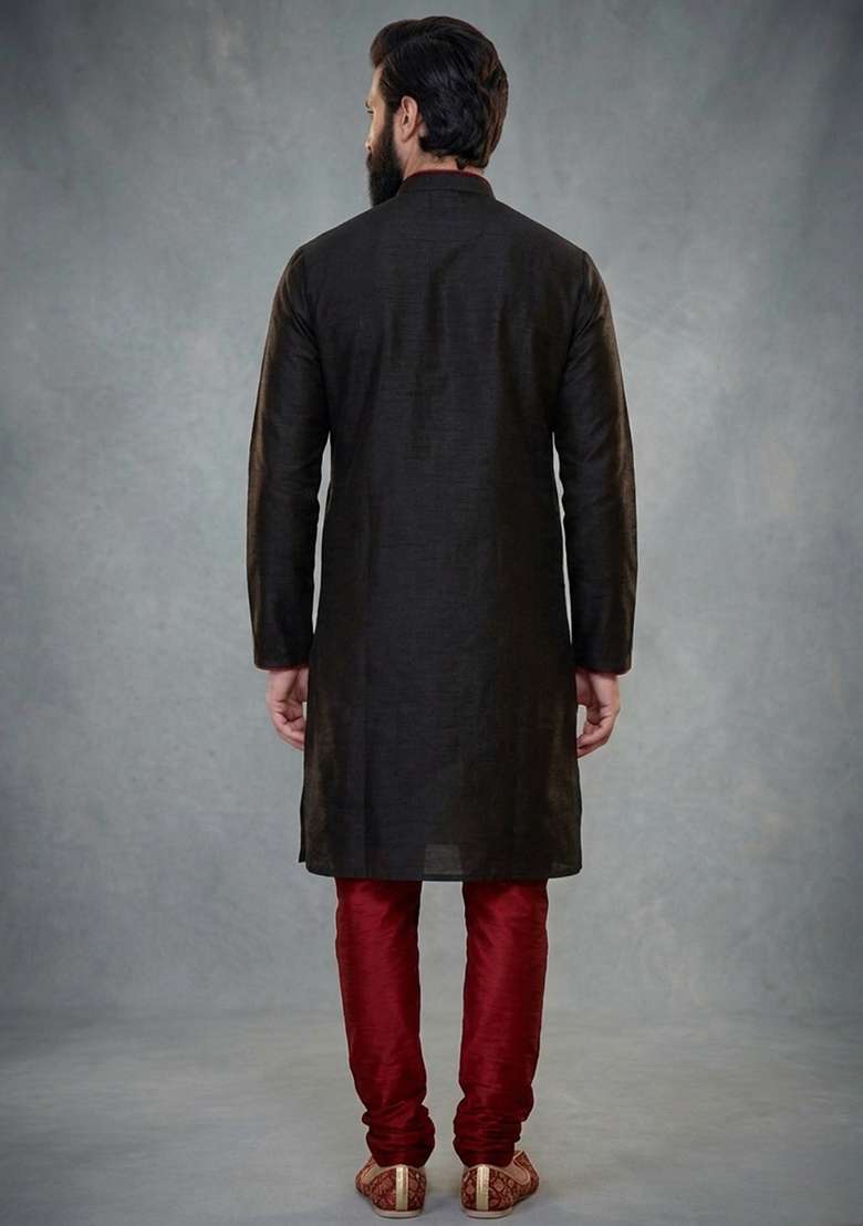 Black Embroidered Dupion Kurta Pyjama Set For Men - Indya