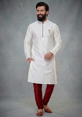 White Embroidered Dupion Kurta Pyjama Set For Men