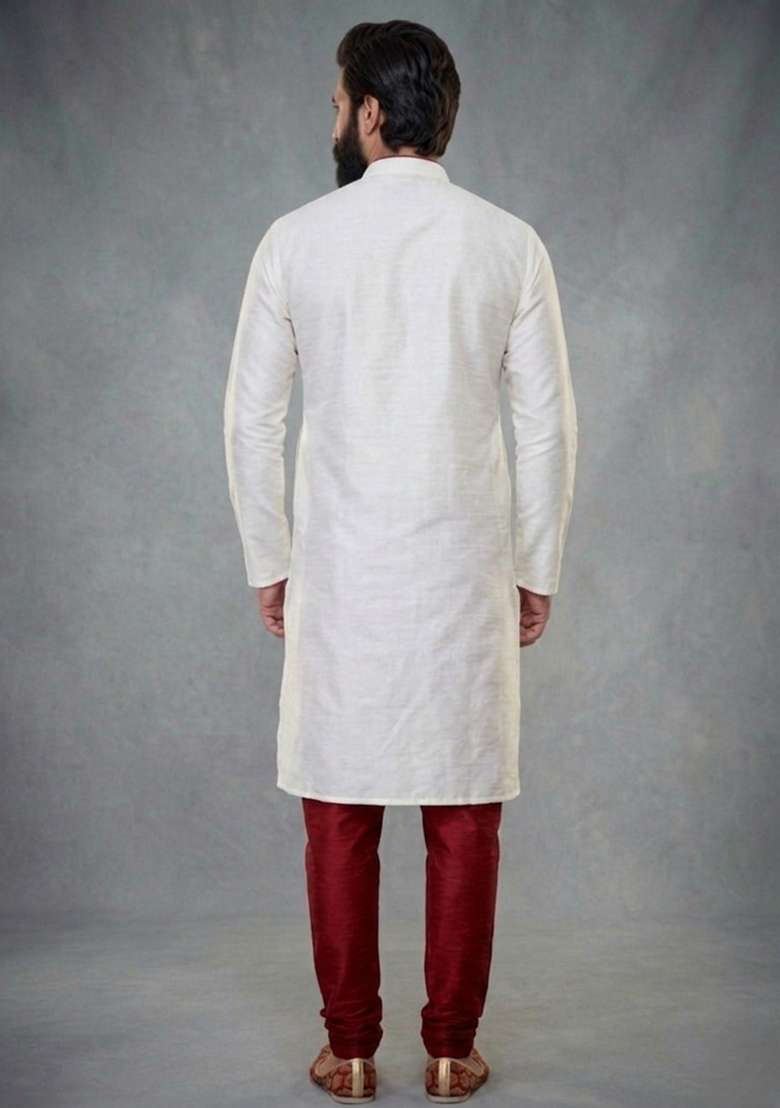 White Embroidered Dupion Kurta Pyjama Set For Men - Indya