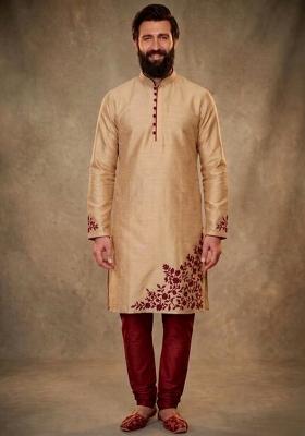 Beige Embroidered Dupion Kurta Pyjama Set For Men