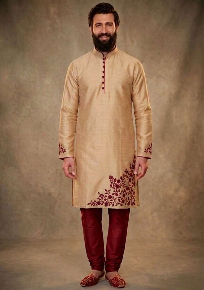 Beige Embroidered Dupion Kurta Pyjama Set For Men - Indya