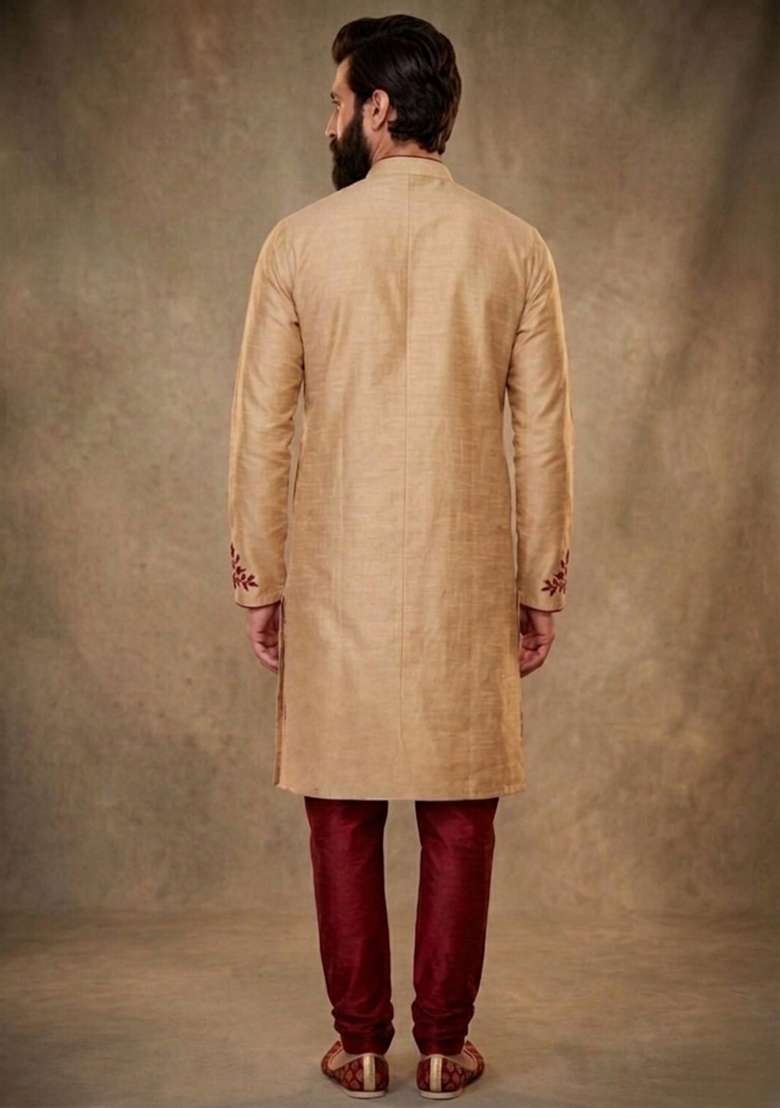 Beige Embroidered Dupion Kurta Pyjama Set For Men - Indya