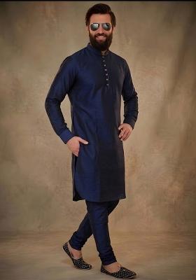 Blue Plain Dupion Kurta Pyjama Set For Men