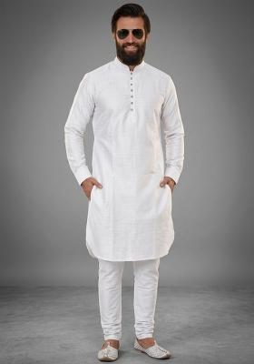 White Plain Dupion Kurta Pyjama Set For Men