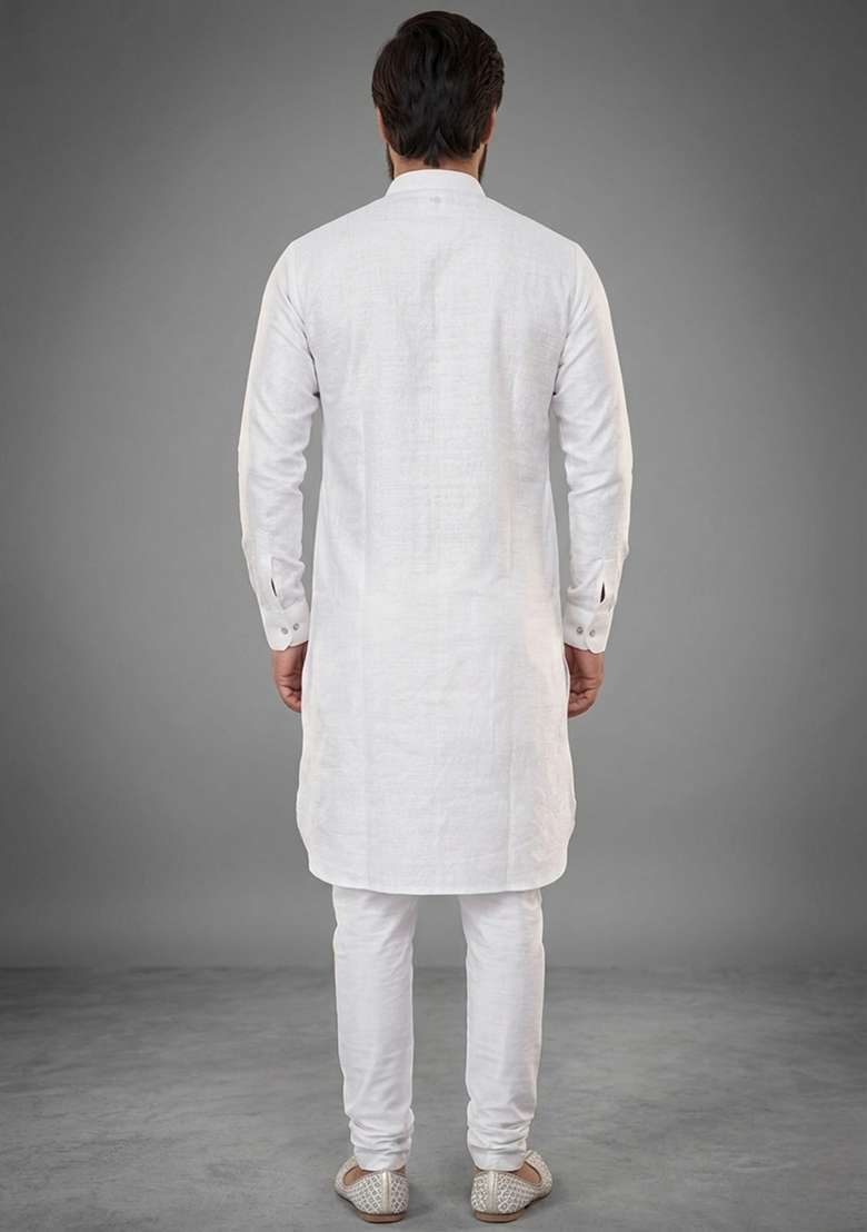 White Plain Dupion Kurta Pyjama Set For Men - Indya