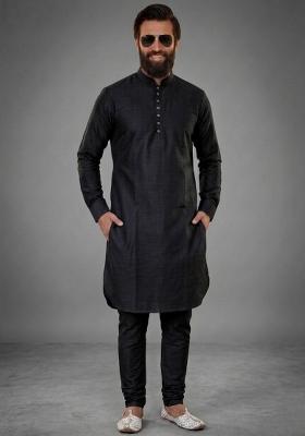 Black Plain Dupion Kurta Pyjama Set For Men