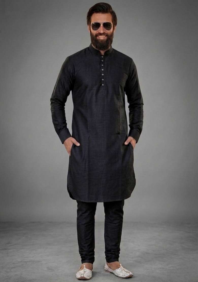 Black Plain Dupion Kurta Pyjama Set For Men - Indya