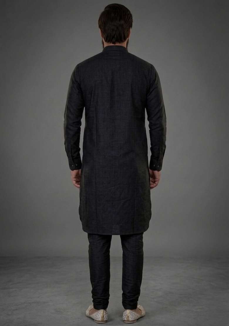 Black Plain Dupion Kurta Pyjama Set For Men - Indya