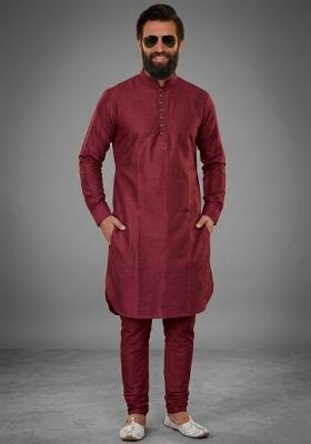 Maroon Plain Dupion Kurta Pyjama Set For Men
