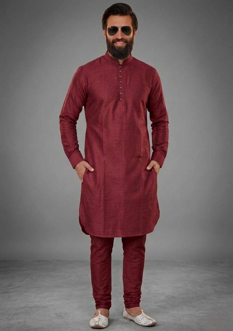 Maroon Plain Dupion Kurta Pyjama Set For Men - Indya
