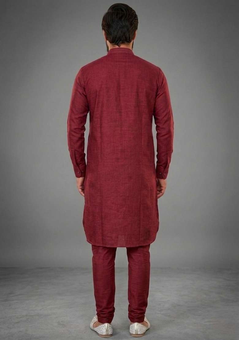 Maroon Plain Dupion Kurta Pyjama Set For Men - Indya