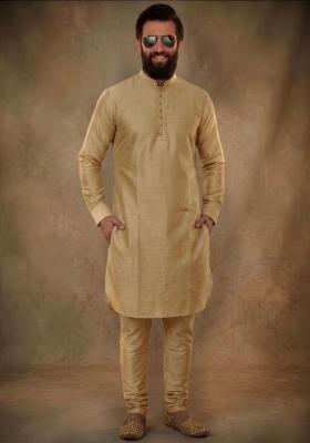 Beige Plain Dupion Kurta Pyjama Set For Men