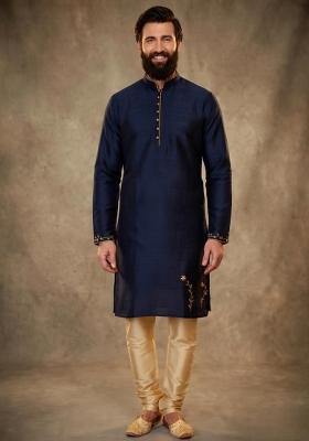 Blue Embroidered Dupion Kurta Pyjama Set For Men