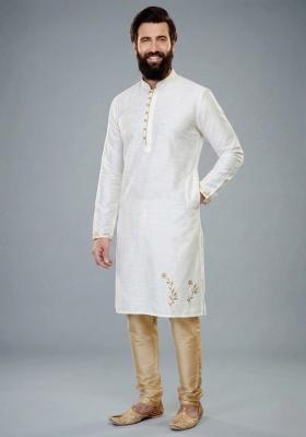 White Embroidered Dupion Kurta Pyjama Set For Men