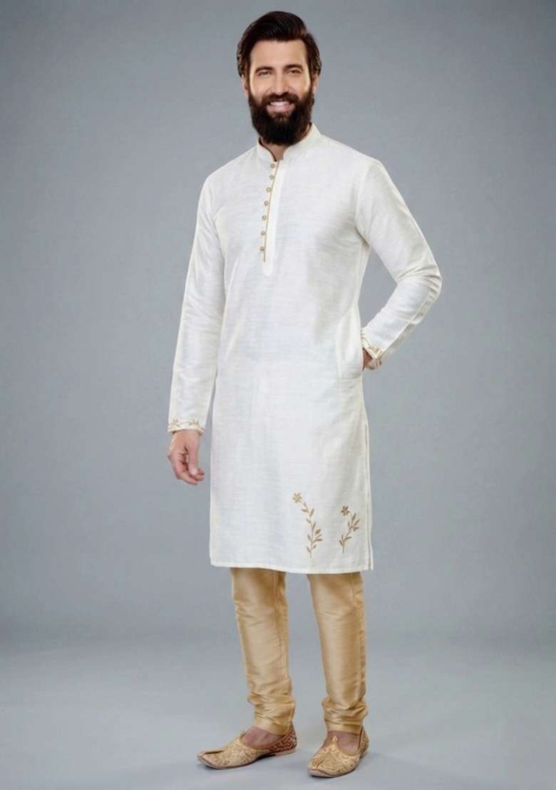White Embroidered Dupion Kurta Pyjama Set For Men - Indya