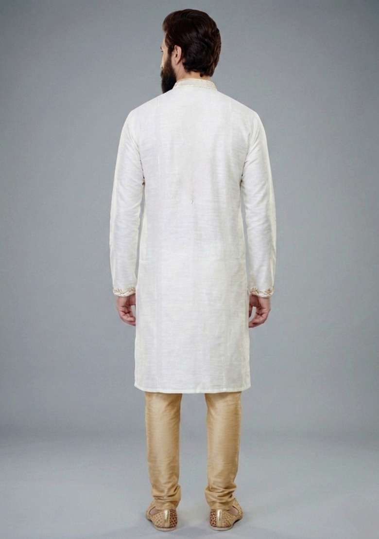 White Embroidered Dupion Kurta Pyjama Set For Men - Indya