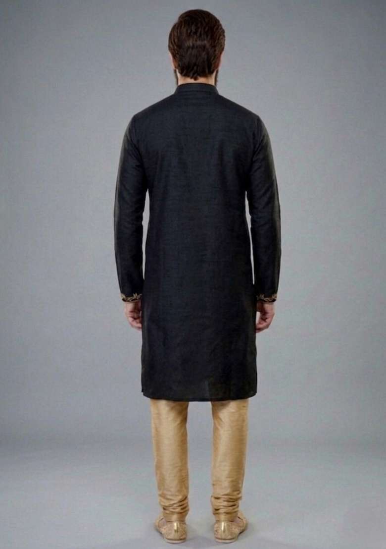 Black Embroidered Dupion Kurta Pyjama Set For Men - Indya