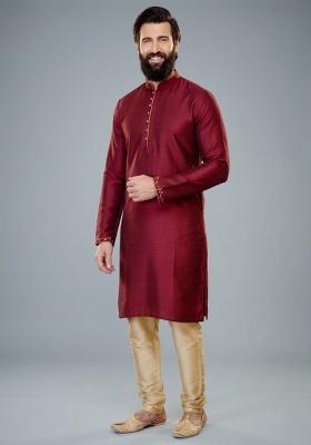 Maroon Embroidered Dupion Kurta Pyjama Set For Men