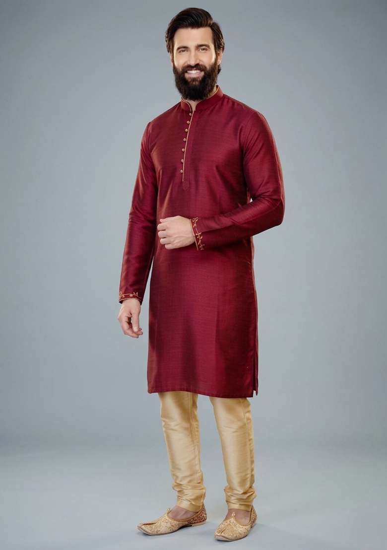 Maroon Embroidered Dupion Kurta Pyjama Set For Men - Indya