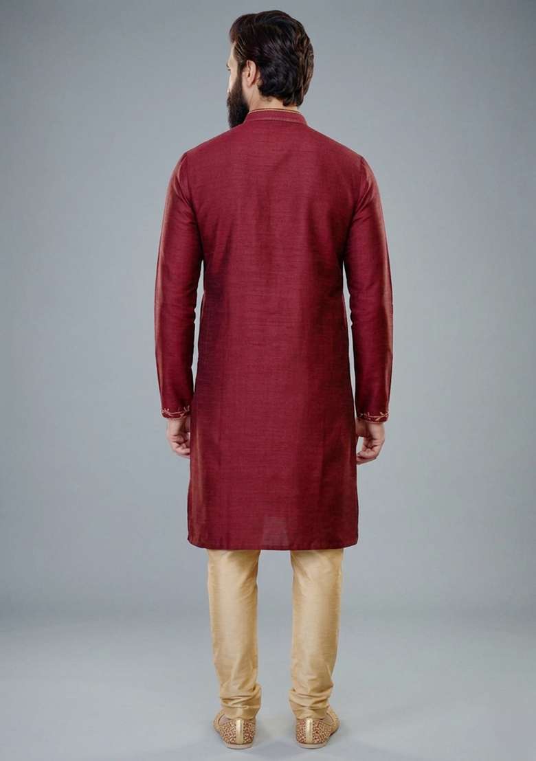 Maroon Embroidered Dupion Kurta Pyjama Set For Men - Indya