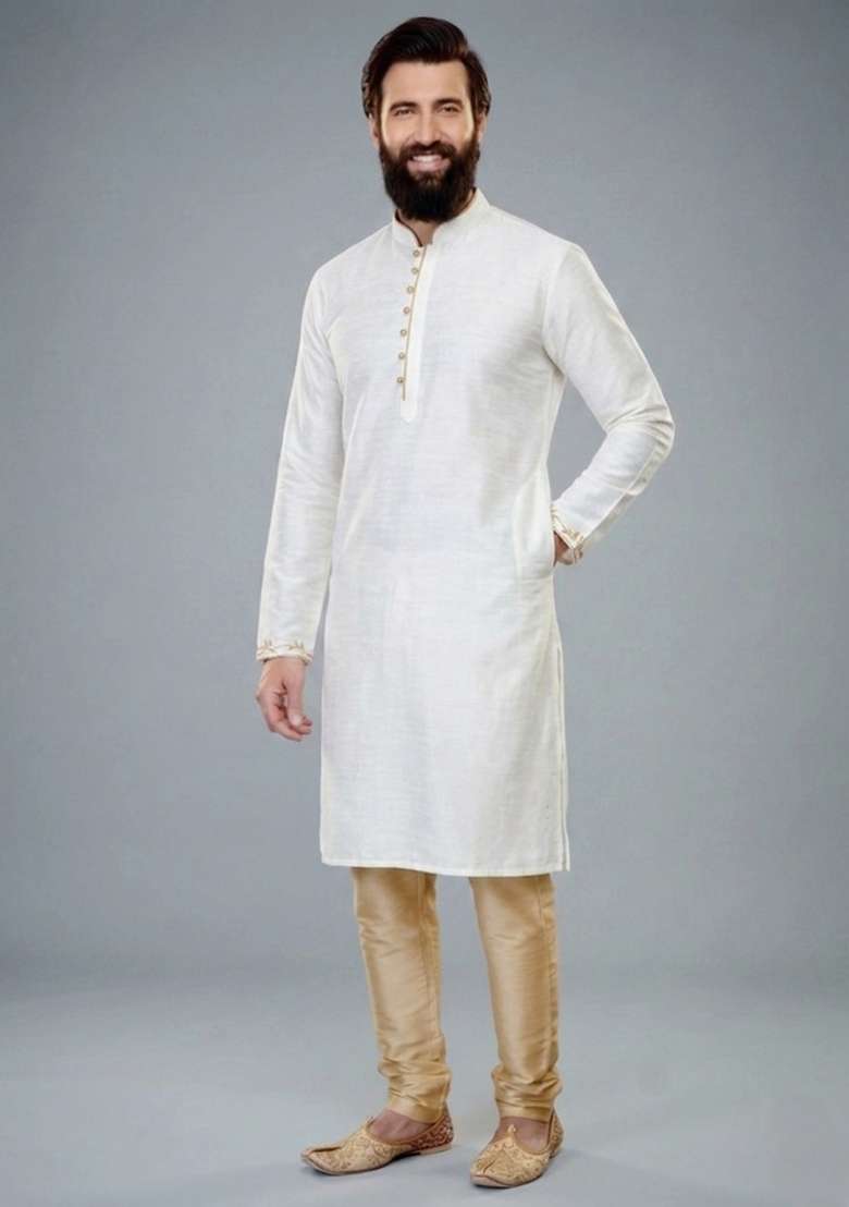 White Embroidered Dupion Kurta Pyjama Set For Men - Indya
