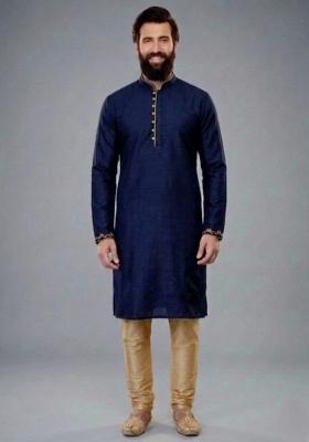 Blue Embroidered Dupion Kurta Pyjama Set For Men
