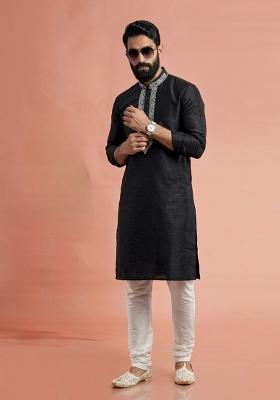 Black Embroidered Dupion Kurta Pyjama Set For Men