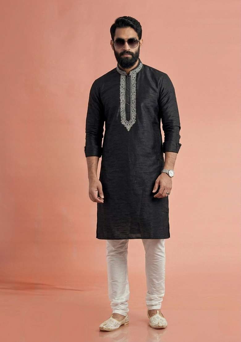 Black Embroidered Dupion Kurta Pyjama Set For Men - Indya