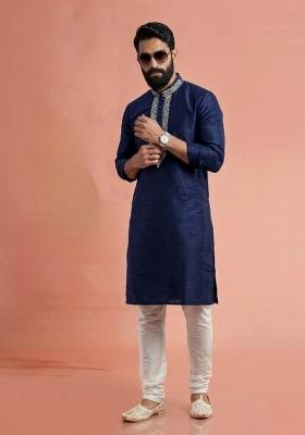 Blue Embroidered Dupion Kurta Pyjama Set For Men