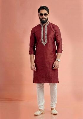 Maroon Embroidered Dupion Kurta Pyjama Set For Men