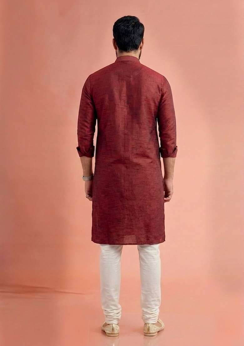 Maroon Embroidered Dupion Kurta Pyjama Set For Men - Indya