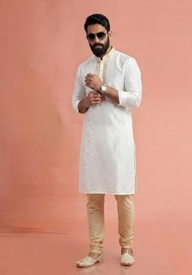 White Embroidered Dupion Kurta Pyjama Set For Men