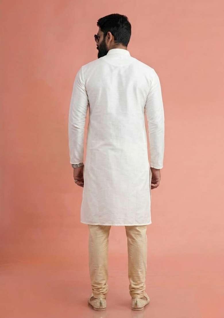 White Embroidered Dupion Kurta Pyjama Set For Men - Indya