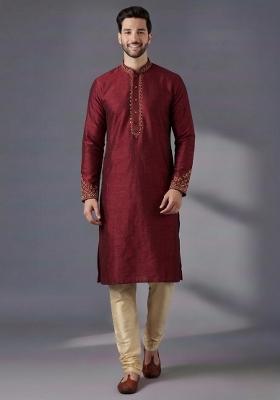 Maroon Embroidered Dupion Kurta Pyjama Set For Men