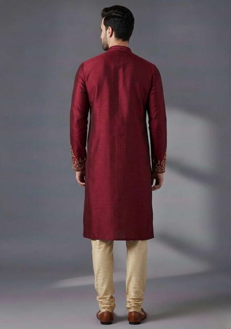 Maroon Embroidered Dupion Kurta Pyjama Set For Men - Indya